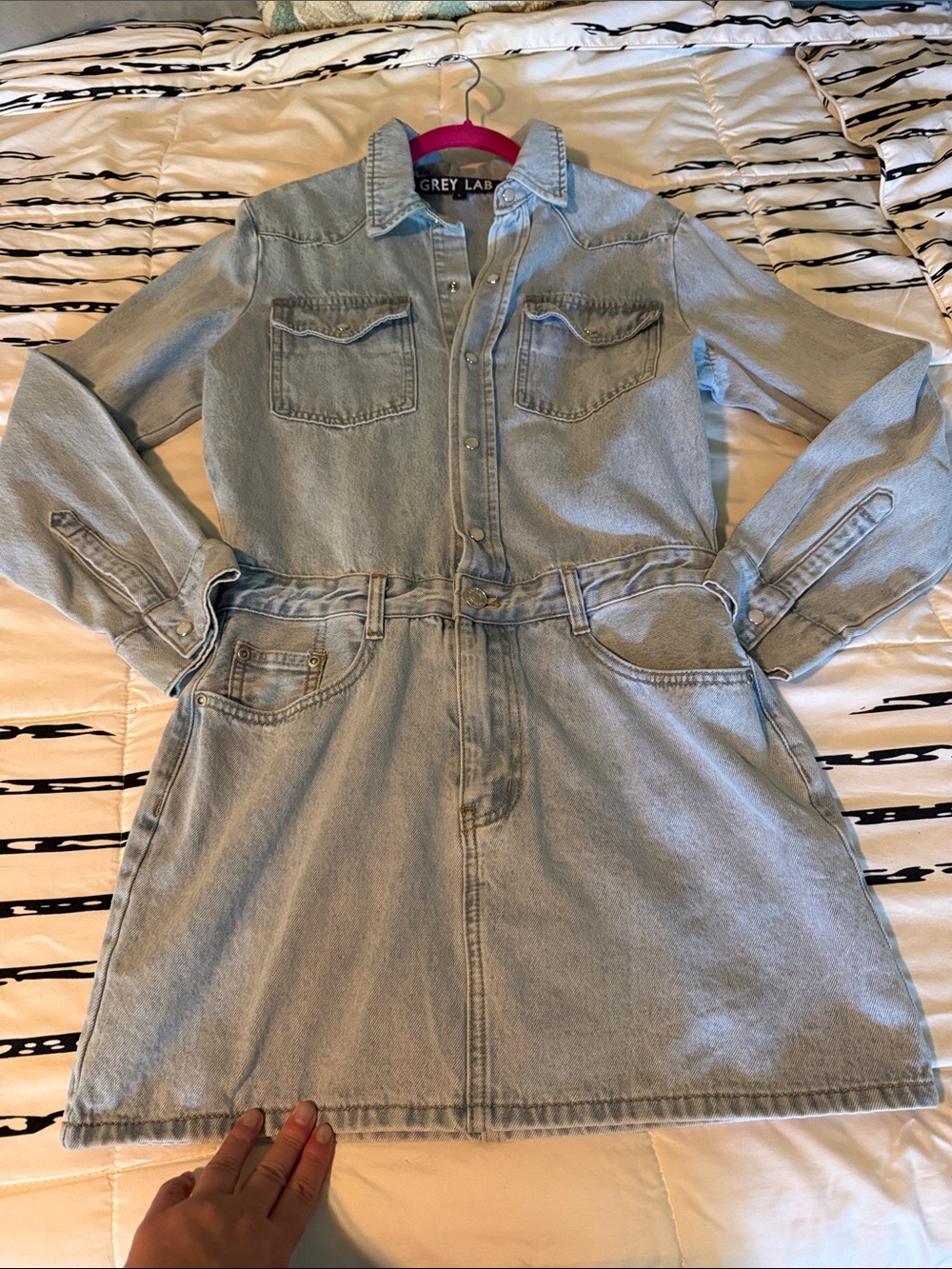 GREY LAB Light Blue Denim Shirt Dress with Chest Pockets